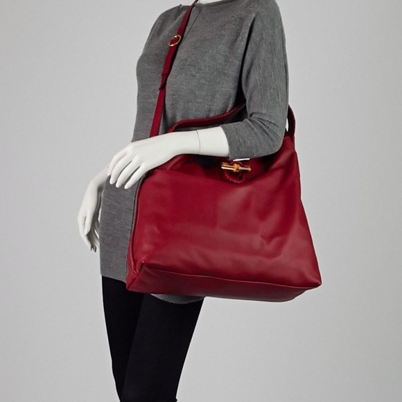 Gucci Red Deer Leather Hip Bamboo Handbag Bordeaux Large Soft Shoulder Tote Bag - Picture 3 of 16